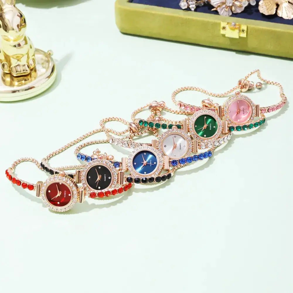 Pink Gemstone Women's Bracelet Watch Set - Image 10