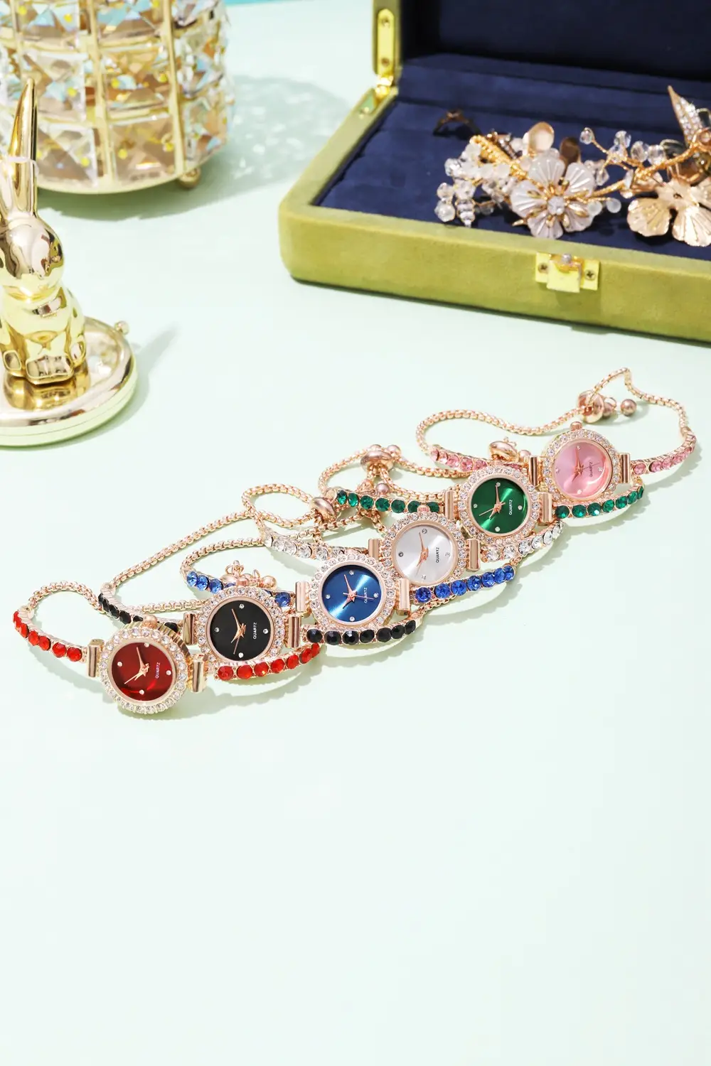 Pink Gemstone Women's Bracelet Watch Set — feature 1