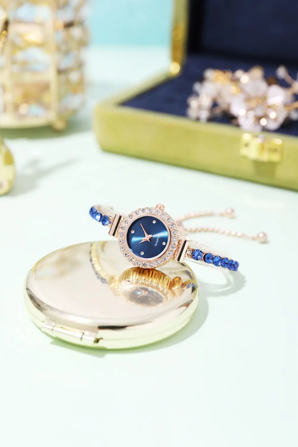 Pink Gemstone Women's Bracelet Watch Set — feature 3