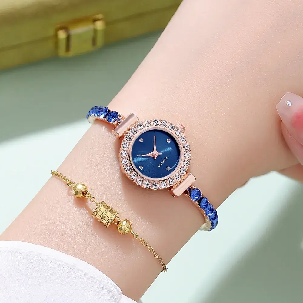 Pink Gemstone Women's Bracelet Watch Set - Image 2