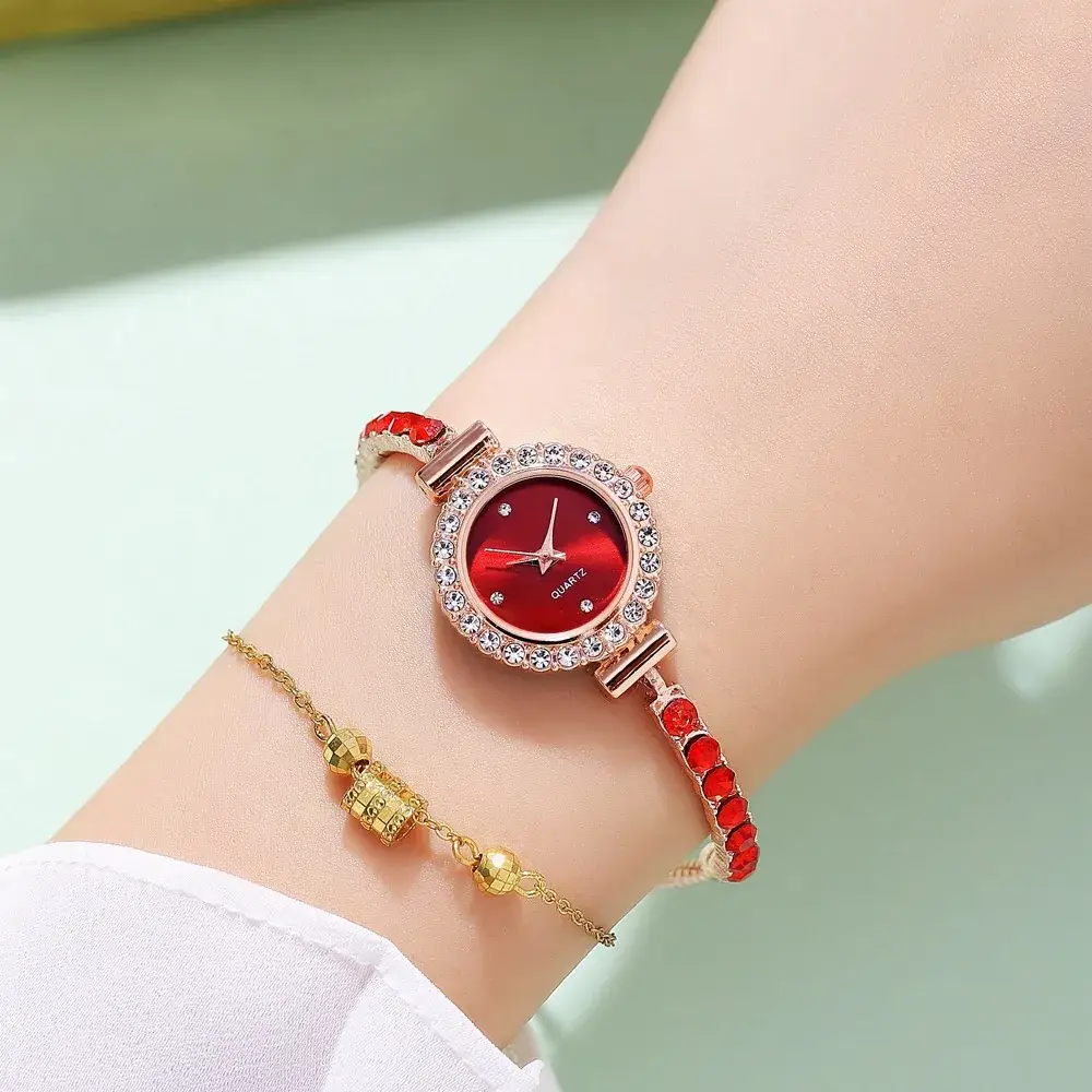 Pink Gemstone Women's Bracelet Watch Set - Image 4