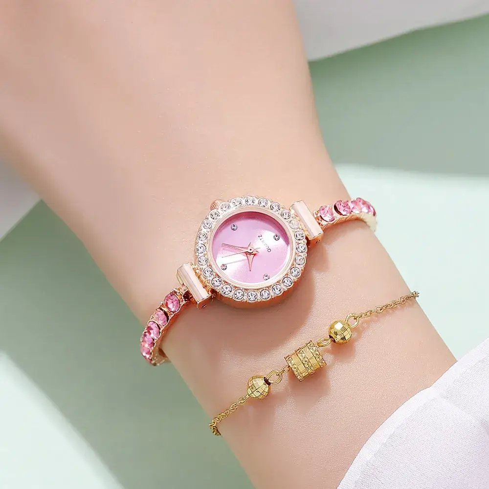 Pink Gemstone Women's Bracelet Watch Set - Image 5