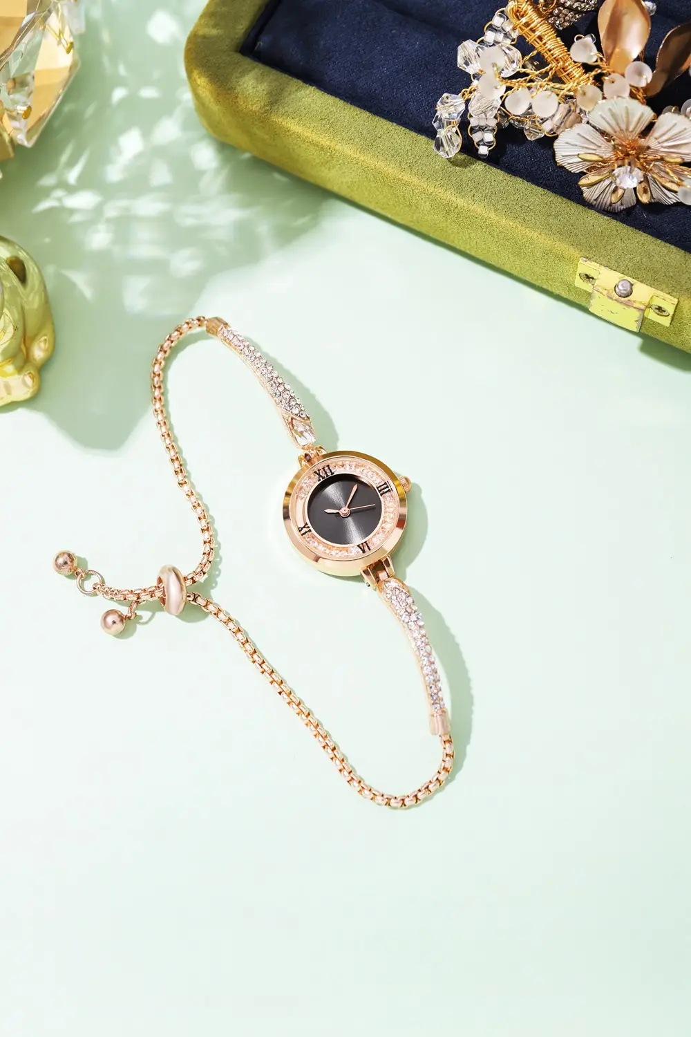 Rose Gold Cross Bracelet Watch with Crystal Accents — feature 2