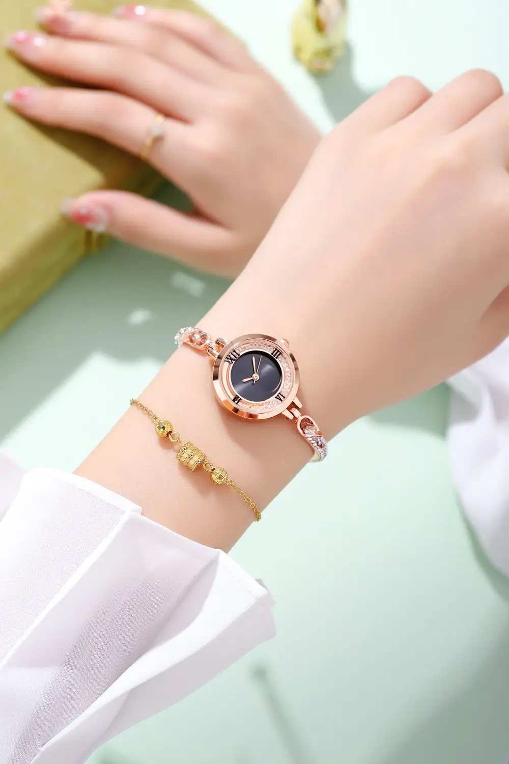Rose Gold Cross Bracelet Watch with Crystal Accents — feature 4