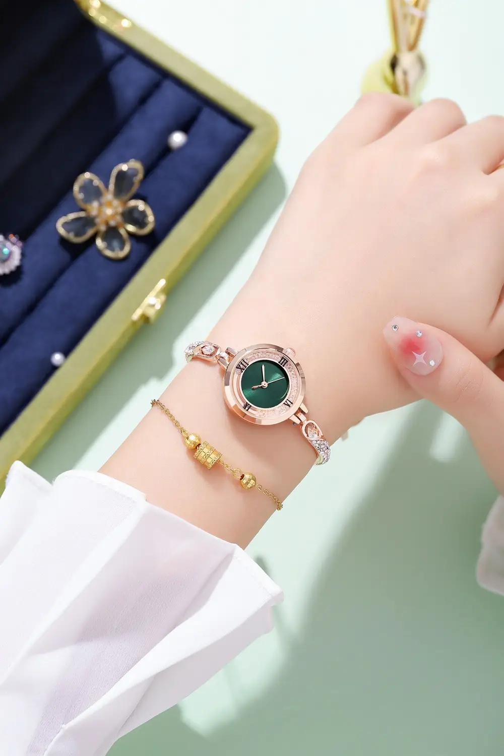 Rose Gold Cross Bracelet Watch with Crystal Accents — feature 9