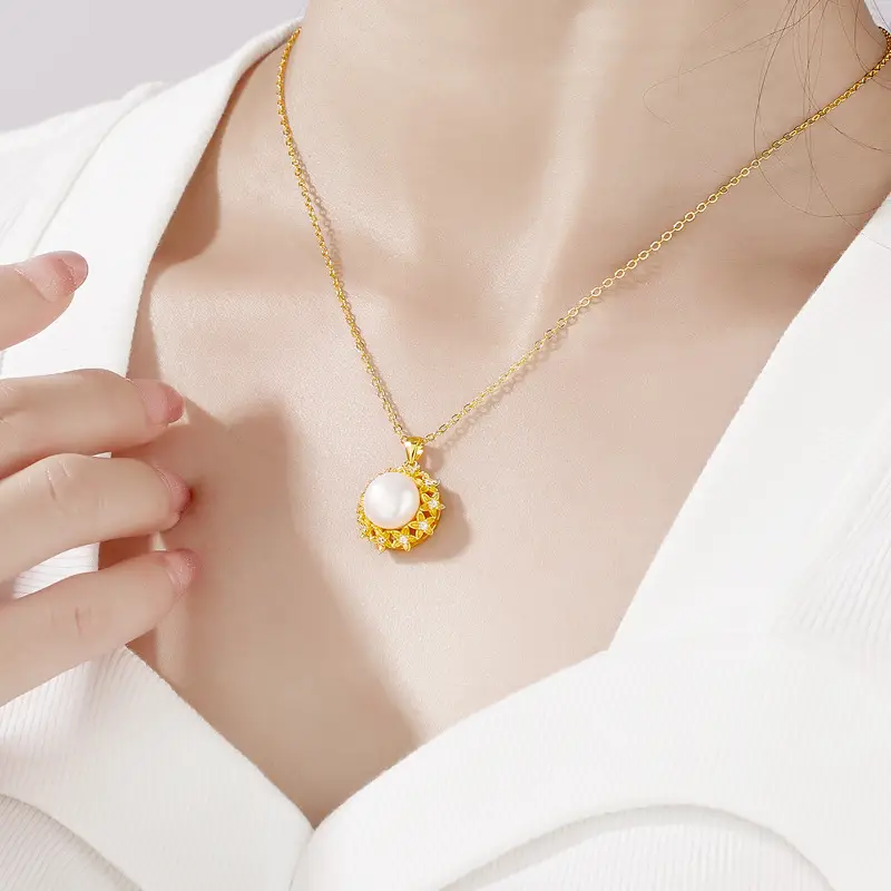 Gold Pearl Sunflower Pendant Set for Women - Image 2