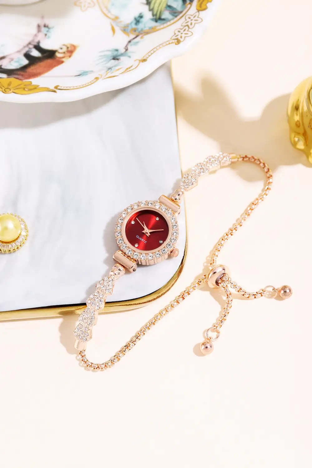Gold Diamond Bracelet Watch for Women Red Dial — feature 4