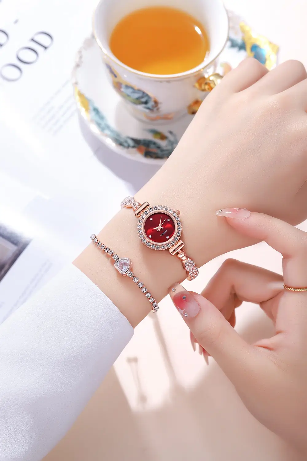 Gold Diamond Bracelet Watch for Women Red Dial — feature 7