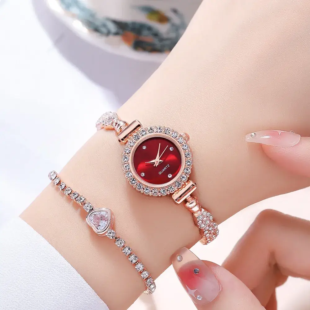 Gold Diamond Bracelet Watch for Women Red Dial - Image 4