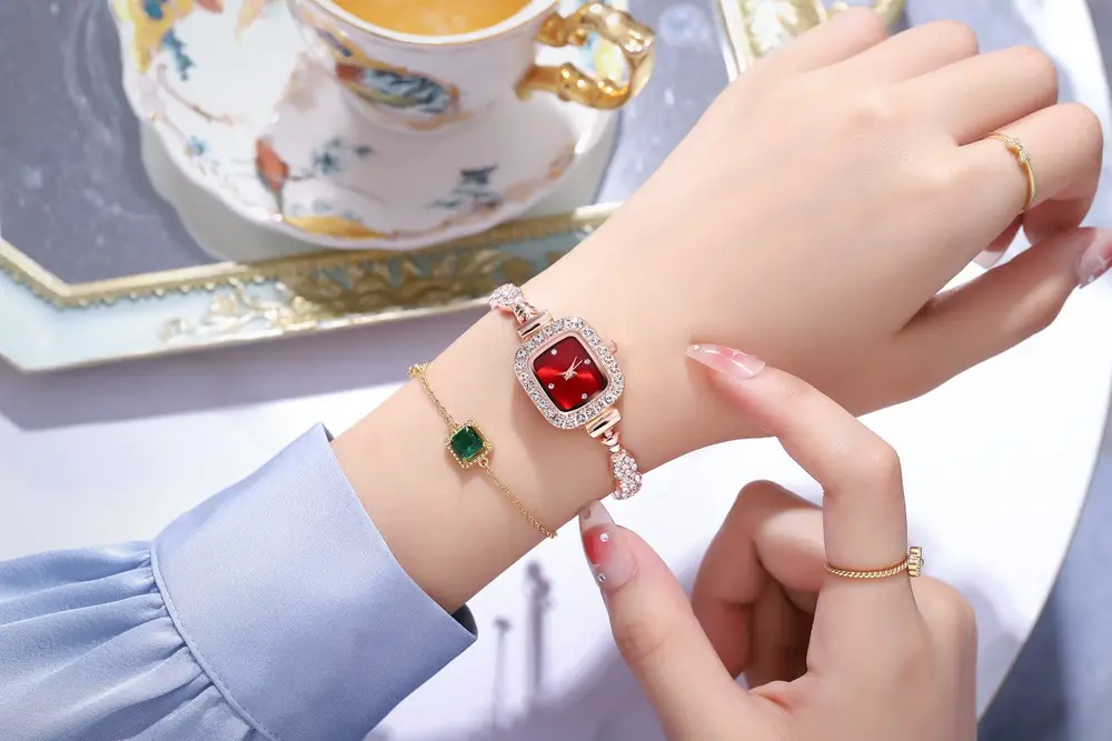 Diamond Women's Bracelet Watch with Red Square Dial — feature 6