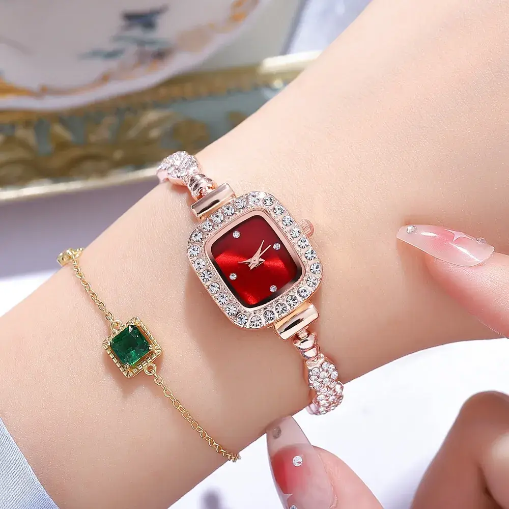 Diamond Women's Bracelet Watch with Red Square Dial - Image 2
