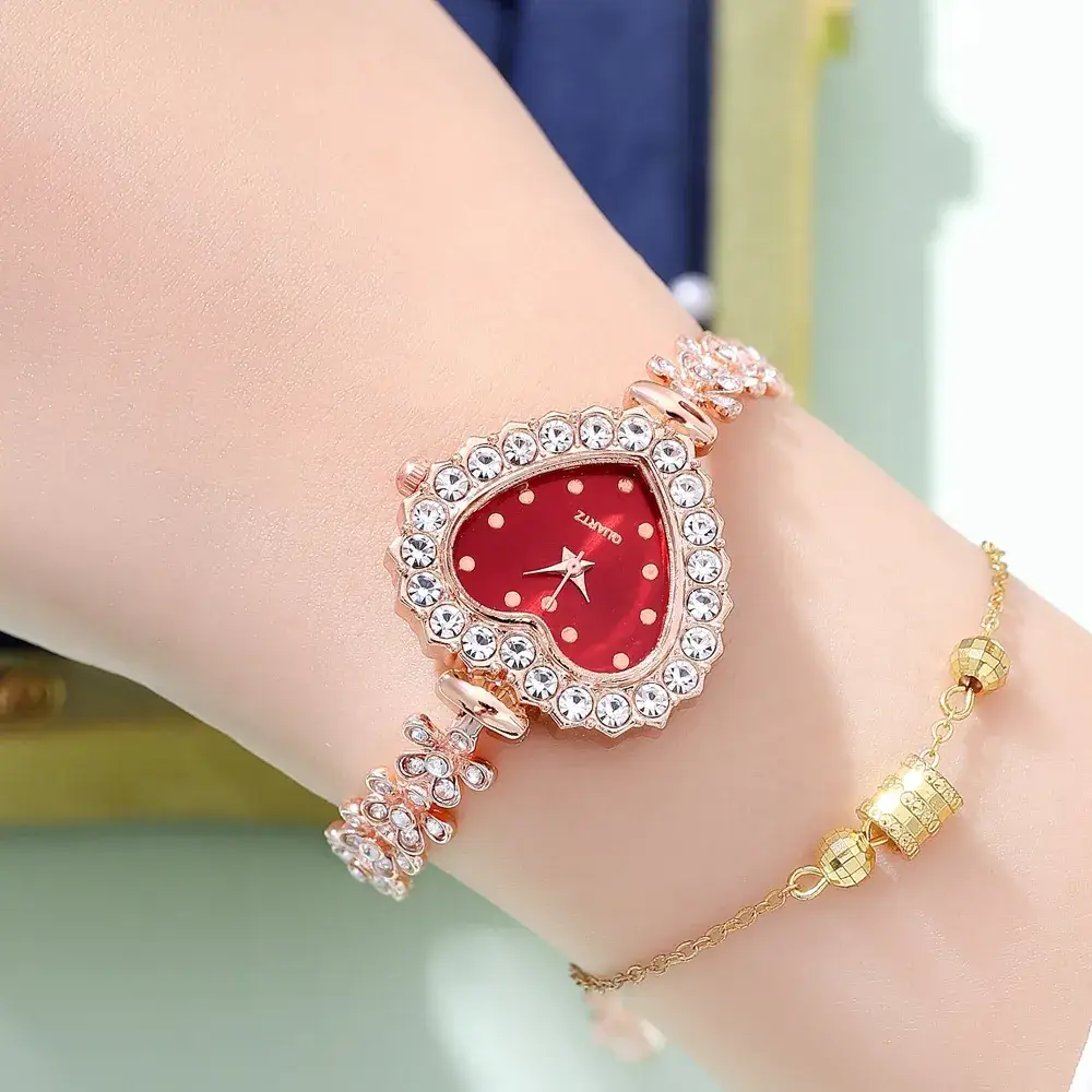 Peach Heart Quartz Bracelet Watch for Women