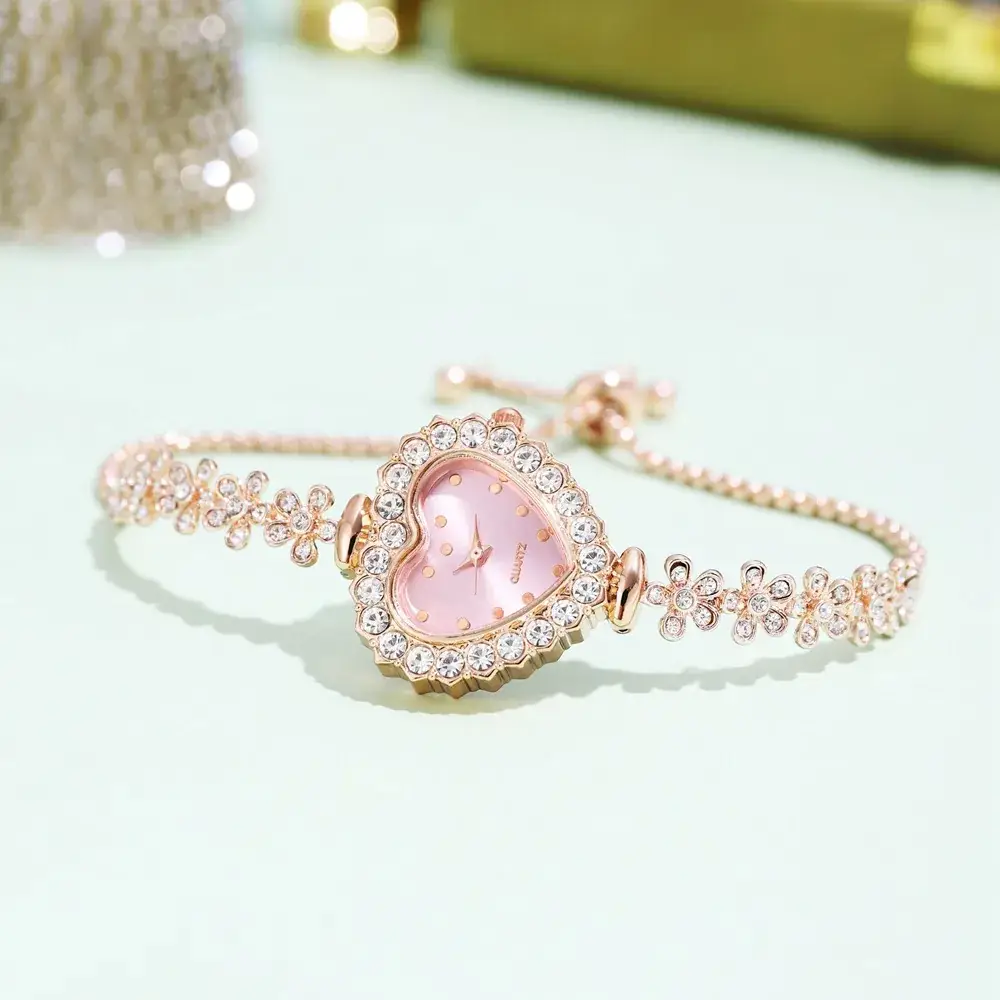 Peach Heart Quartz Bracelet Watch for Women