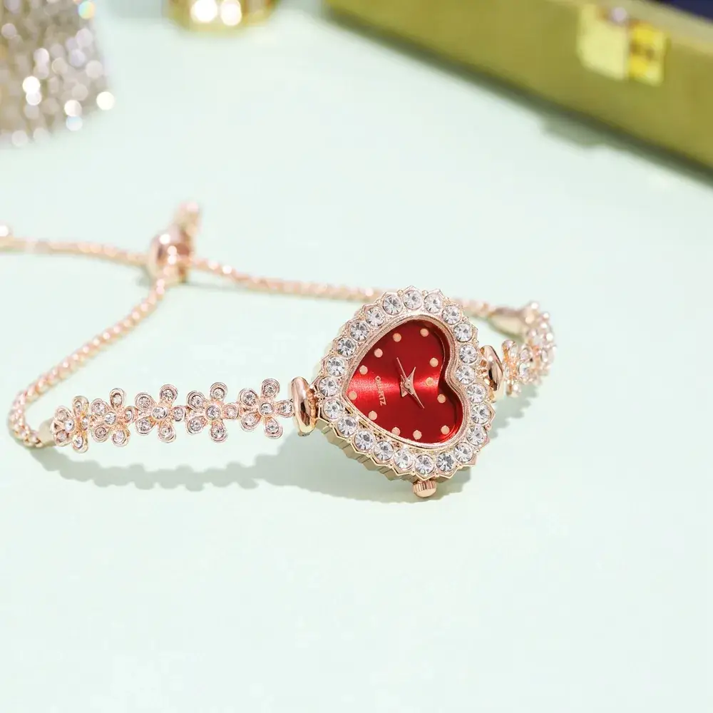 Peach Heart Quartz Bracelet Watch for Women