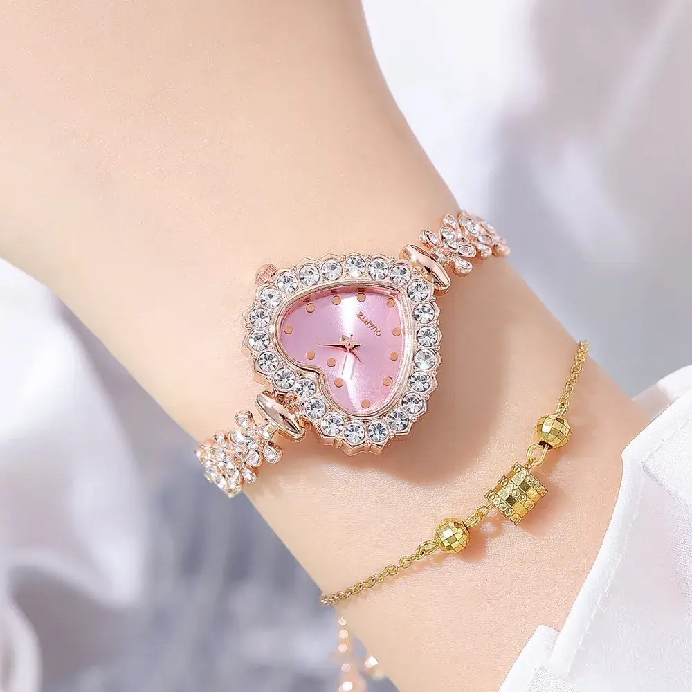 Peach Heart Quartz Bracelet Watch for Women