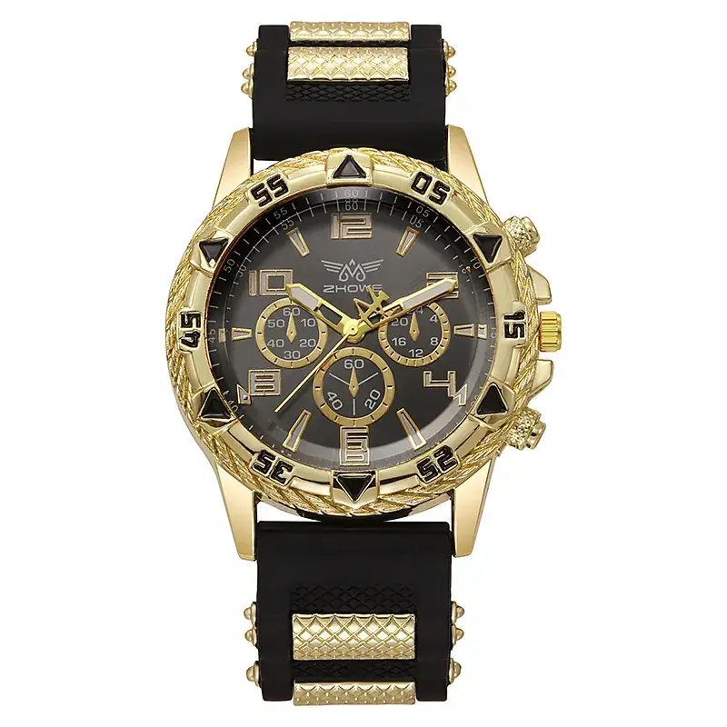 Men's Chronograph Watch with Fake Three-Eye Dial & Black Silicone Band