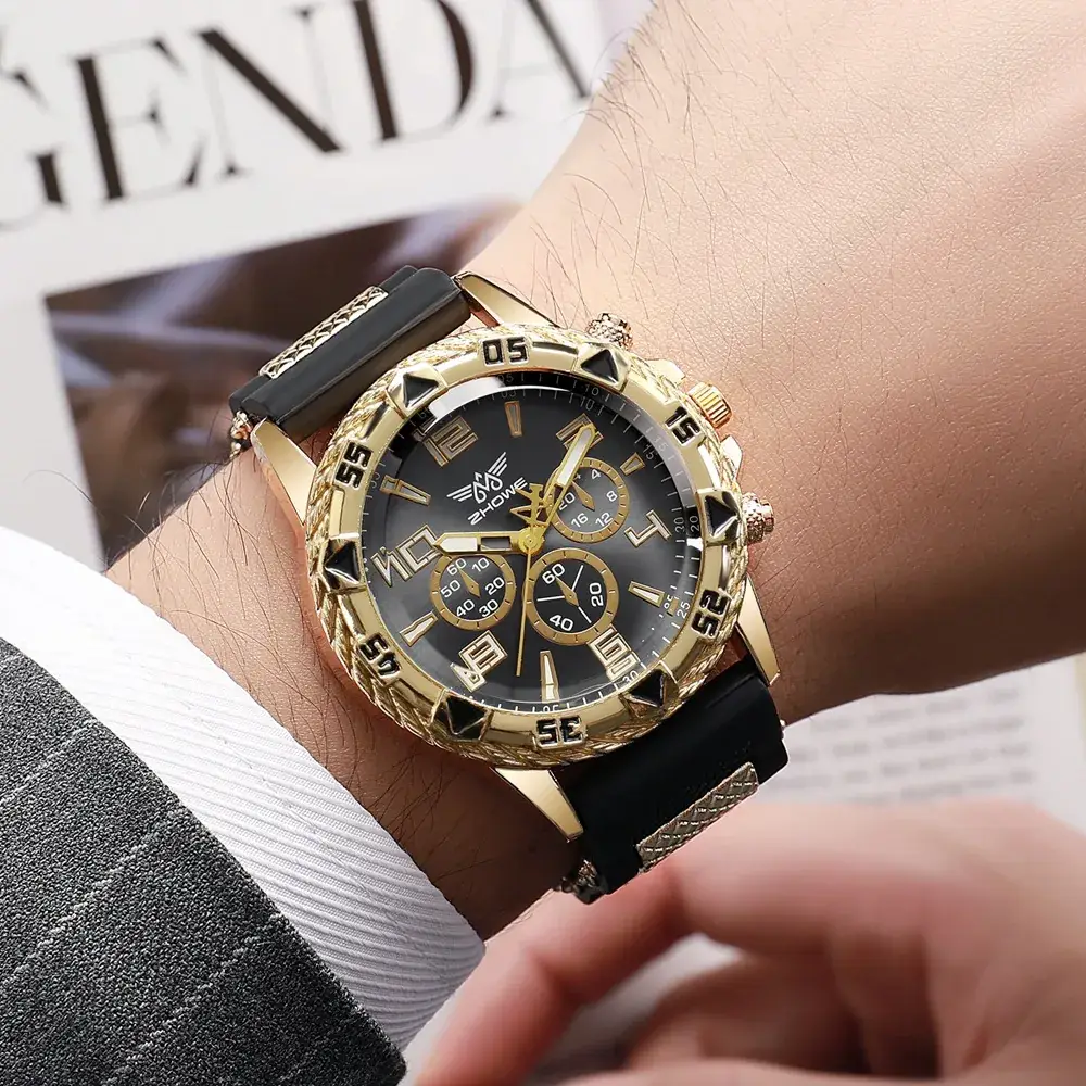 Men's Chronograph Watch with Fake Three-Eye Dial & Black Silicone Band