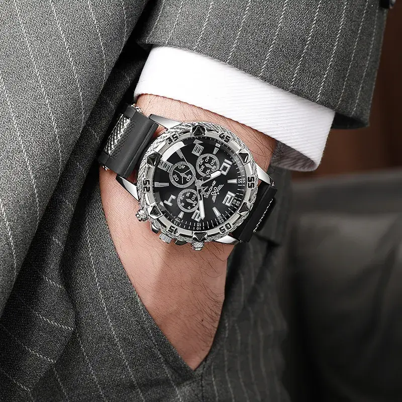 Men's Chronograph Watch with Fake Three-Eye Dial & Black Silicone Band