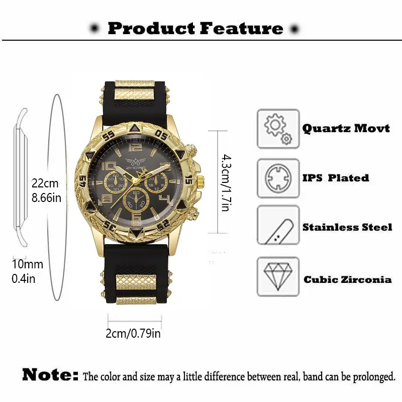 Men's Chronograph Watch with Fake Three-Eye Dial & Black Silicone Band — feature 1