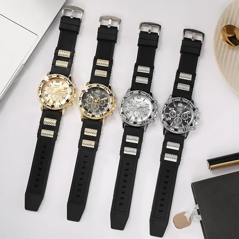 Men's Chronograph Watch with Fake Three-Eye Dial & Black Silicone Band — feature 2