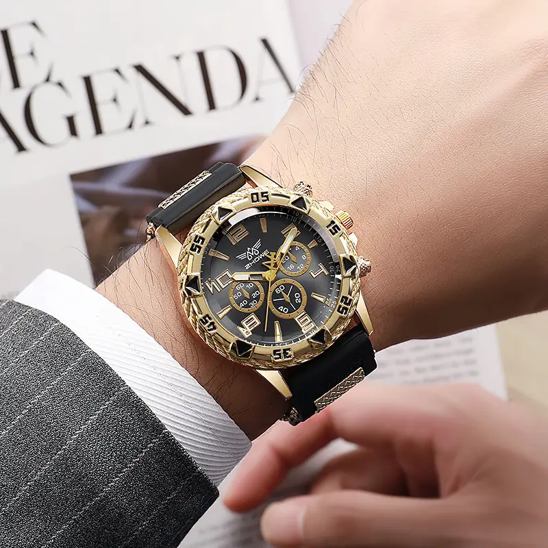 Men's Chronograph Watch with Fake Three-Eye Dial & Black Silicone Band — feature 6