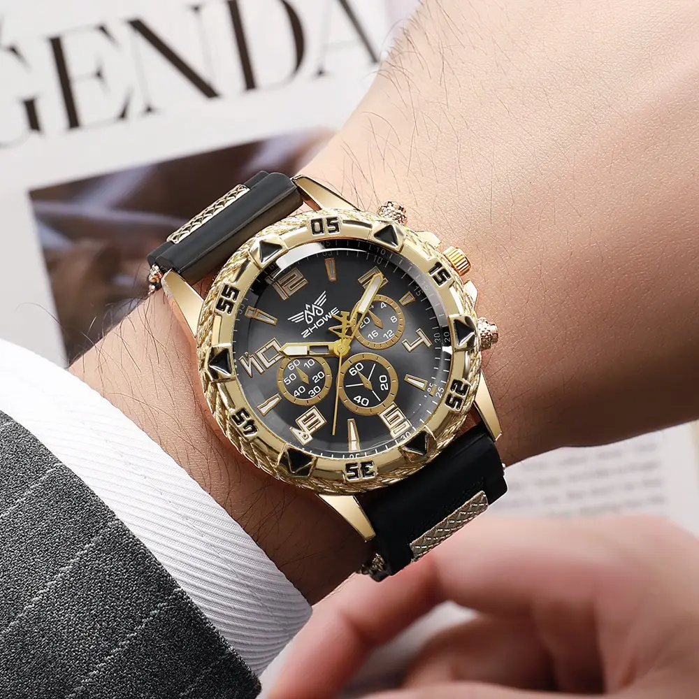 Men's Chronograph Watch with Fake Three-Eye Dial & Black Silicone Band — feature 7