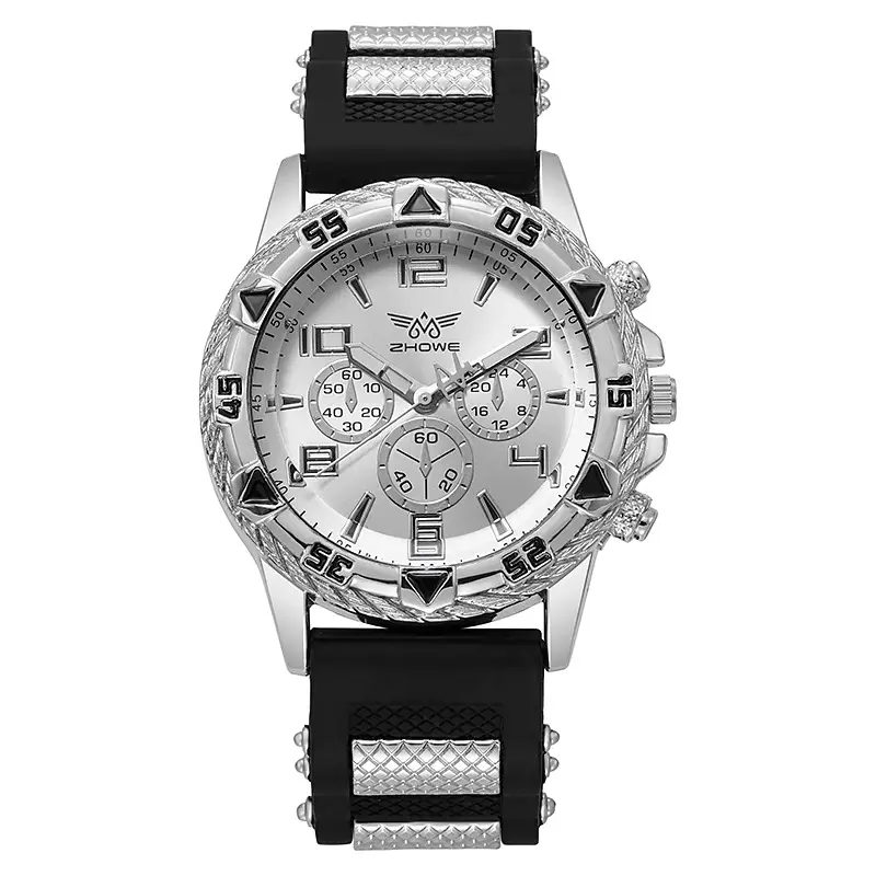 Men's Chronograph Watch with Fake Three-Eye Dial & Black Silicone Band — feature 9