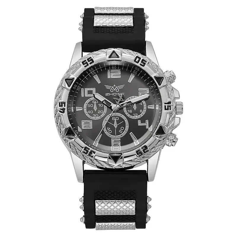 Men's Chronograph Watch with Fake Three-Eye Dial & Black Silicone Band