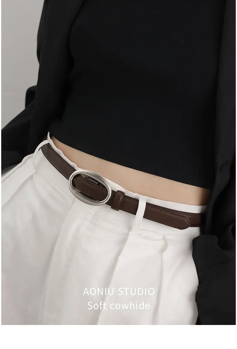 Women Genuine Leather Oval Buckle Belt Brown 2023 — feature 22