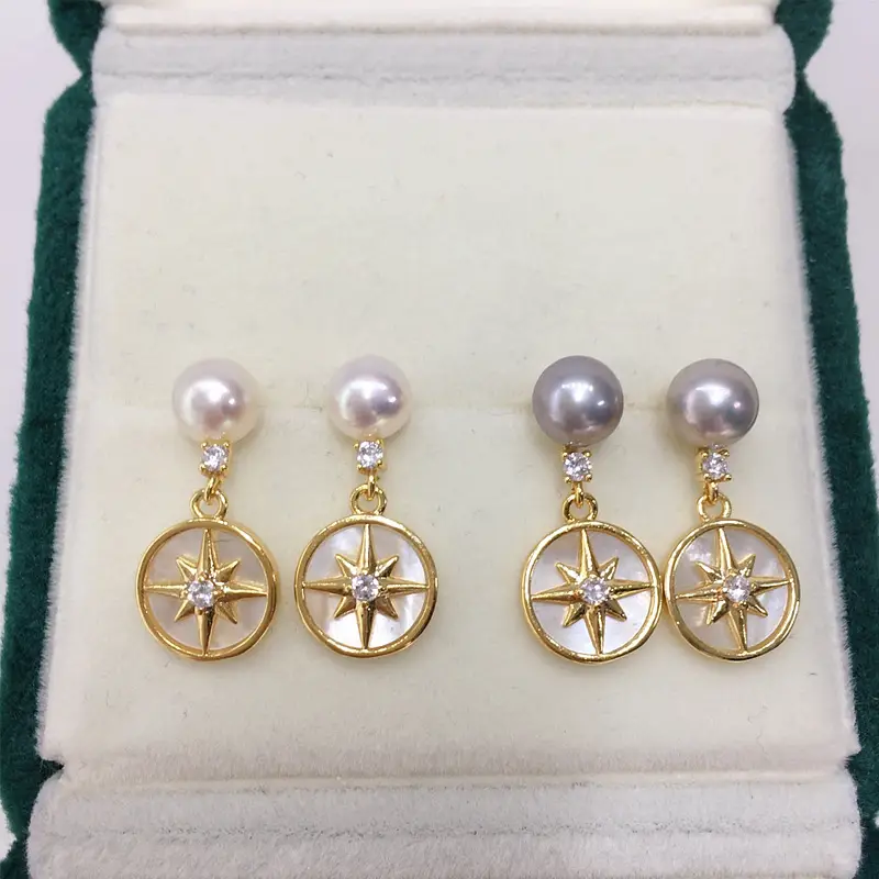 5A High-Gloss Natural Shell Six-Pointed Pearl Earrings for Women