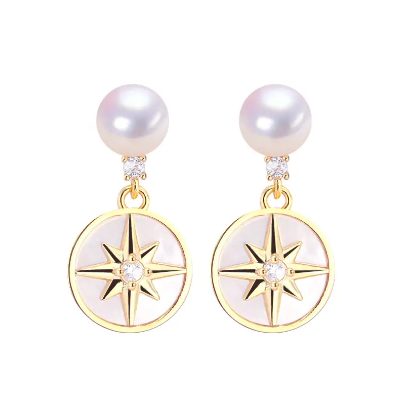5A High-Gloss Natural Shell Six-Pointed Pearl Earrings for Women