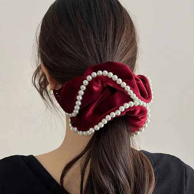 Red Velvet Pearl Hair Scrunchie with Pearl Beads - Image 6