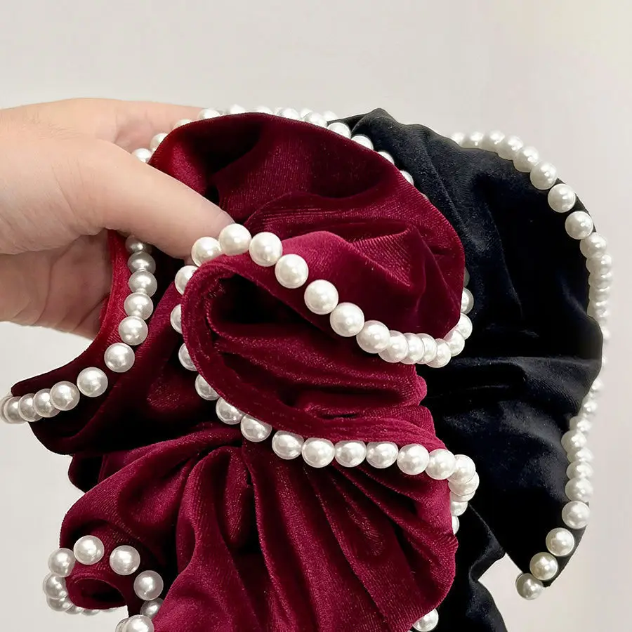 Red Velvet Pearl Hair Scrunchie with Pearl Beads - Image 7