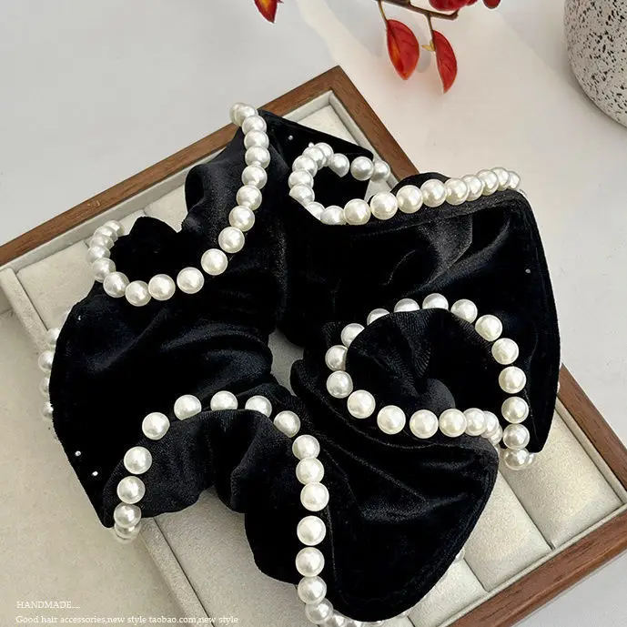 Red Velvet Pearl Hair Scrunchie with Pearl Beads - Image 8