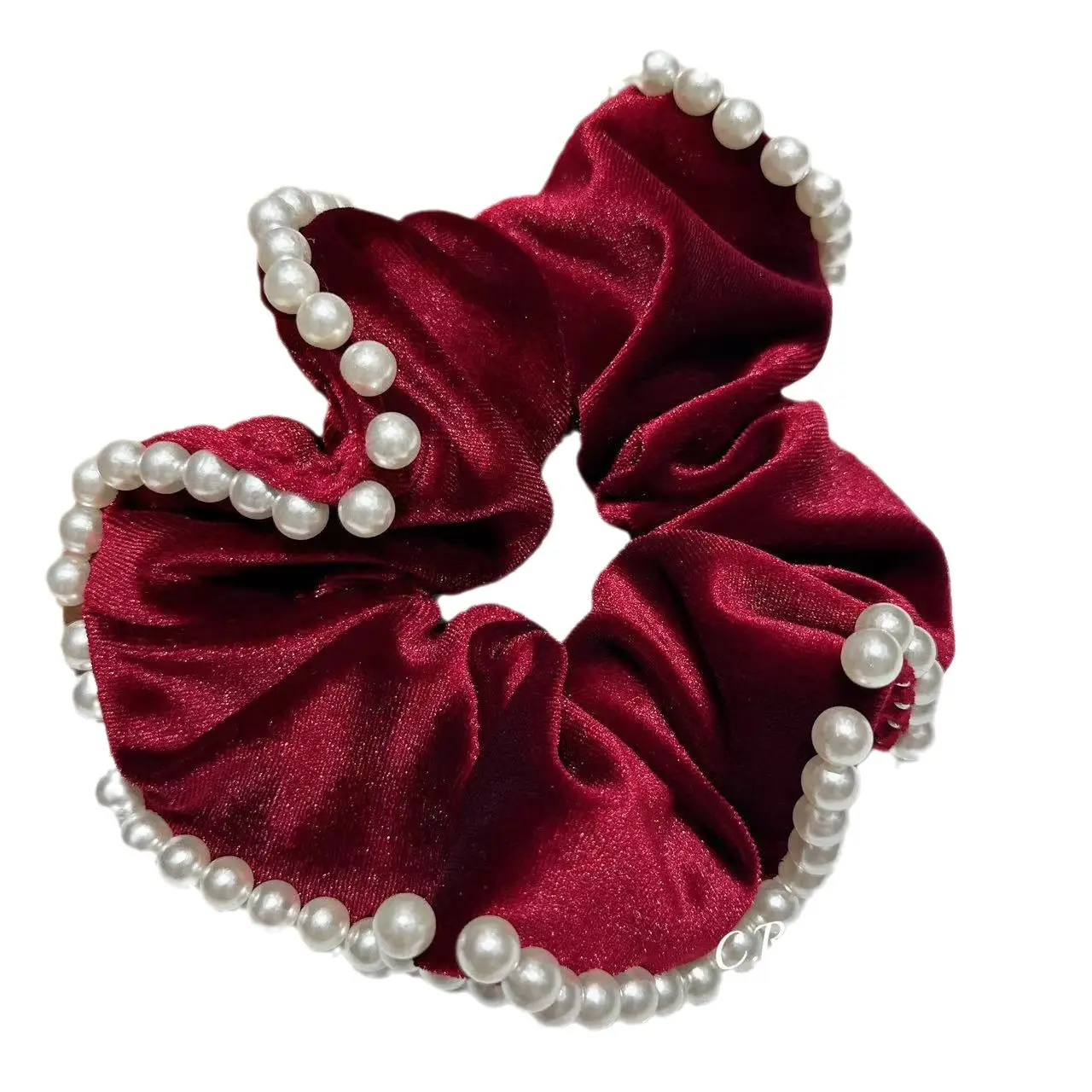 Red Velvet Pearl Hair Scrunchie with Pearl Beads - Image 9