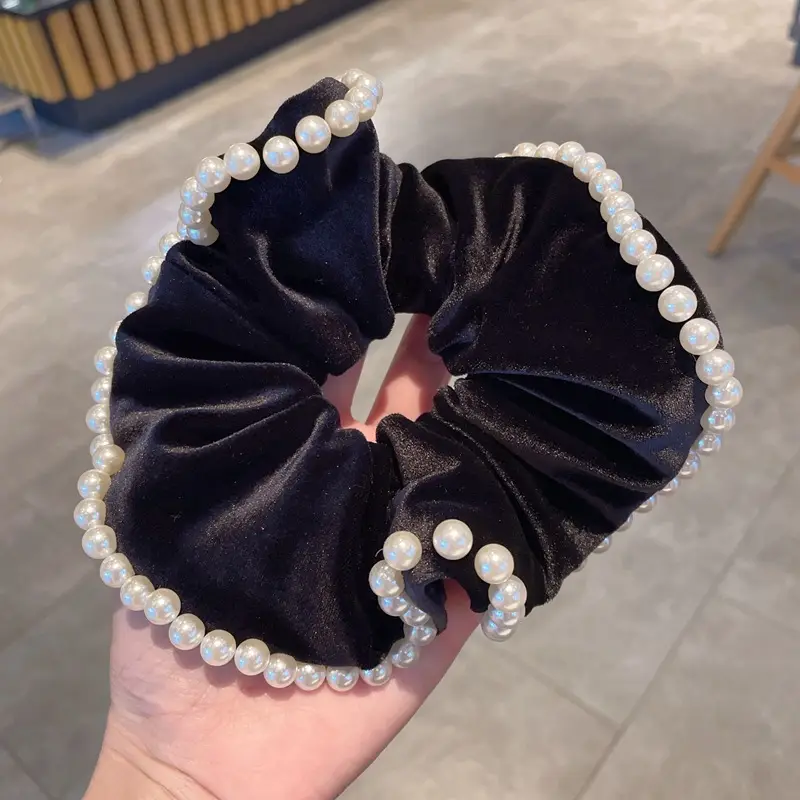 Red Velvet Pearl Hair Scrunchie with Pearl Beads - Image 2