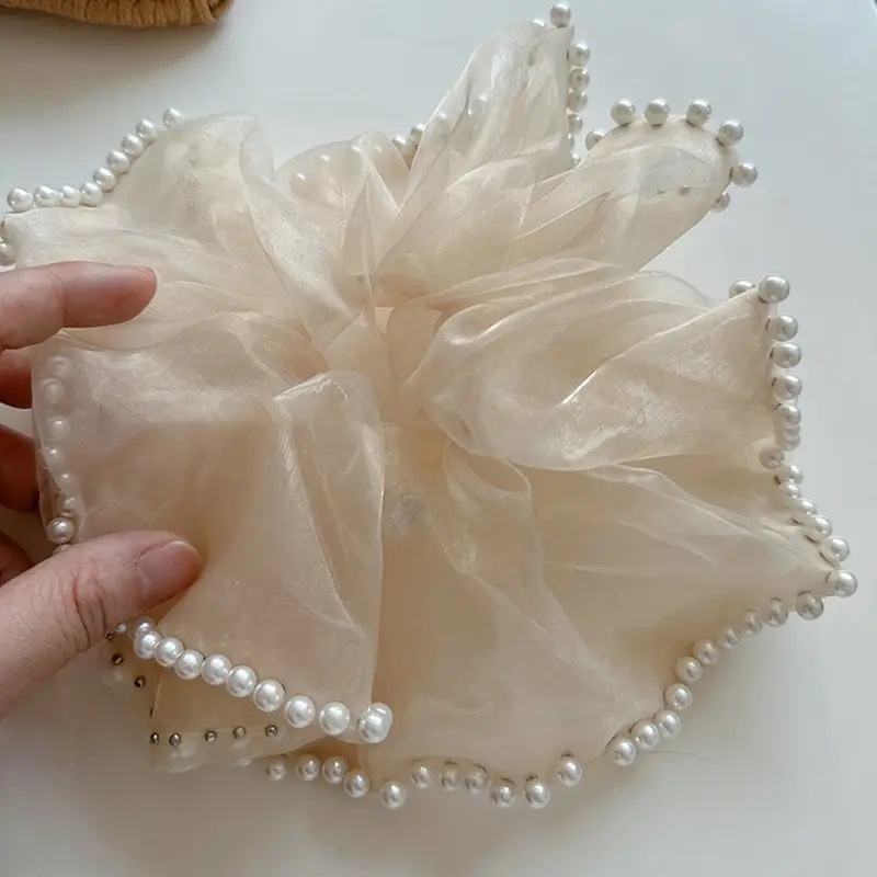 Red Velvet Pearl Hair Scrunchie with Pearl Beads - Image 3