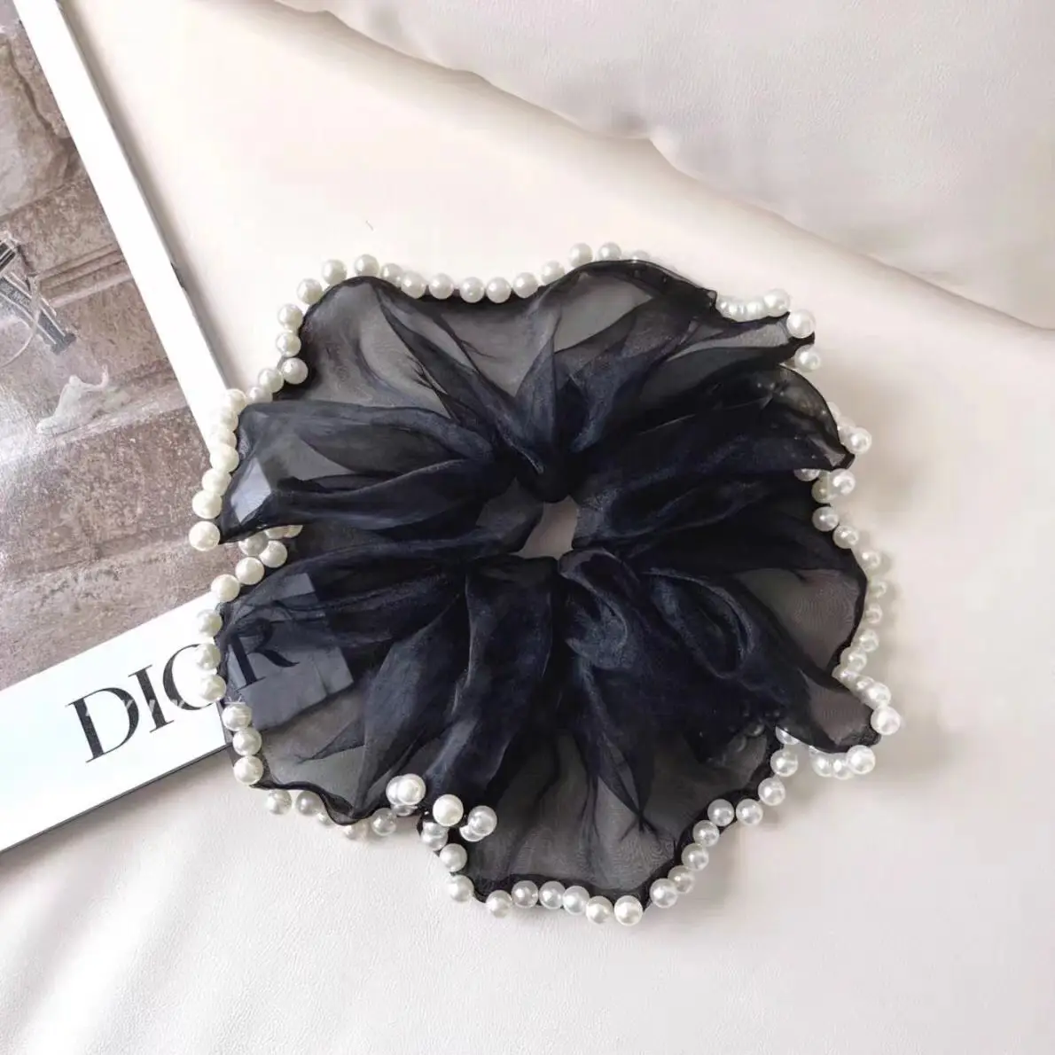 Red Velvet Pearl Hair Scrunchie with Pearl Beads - Image 4