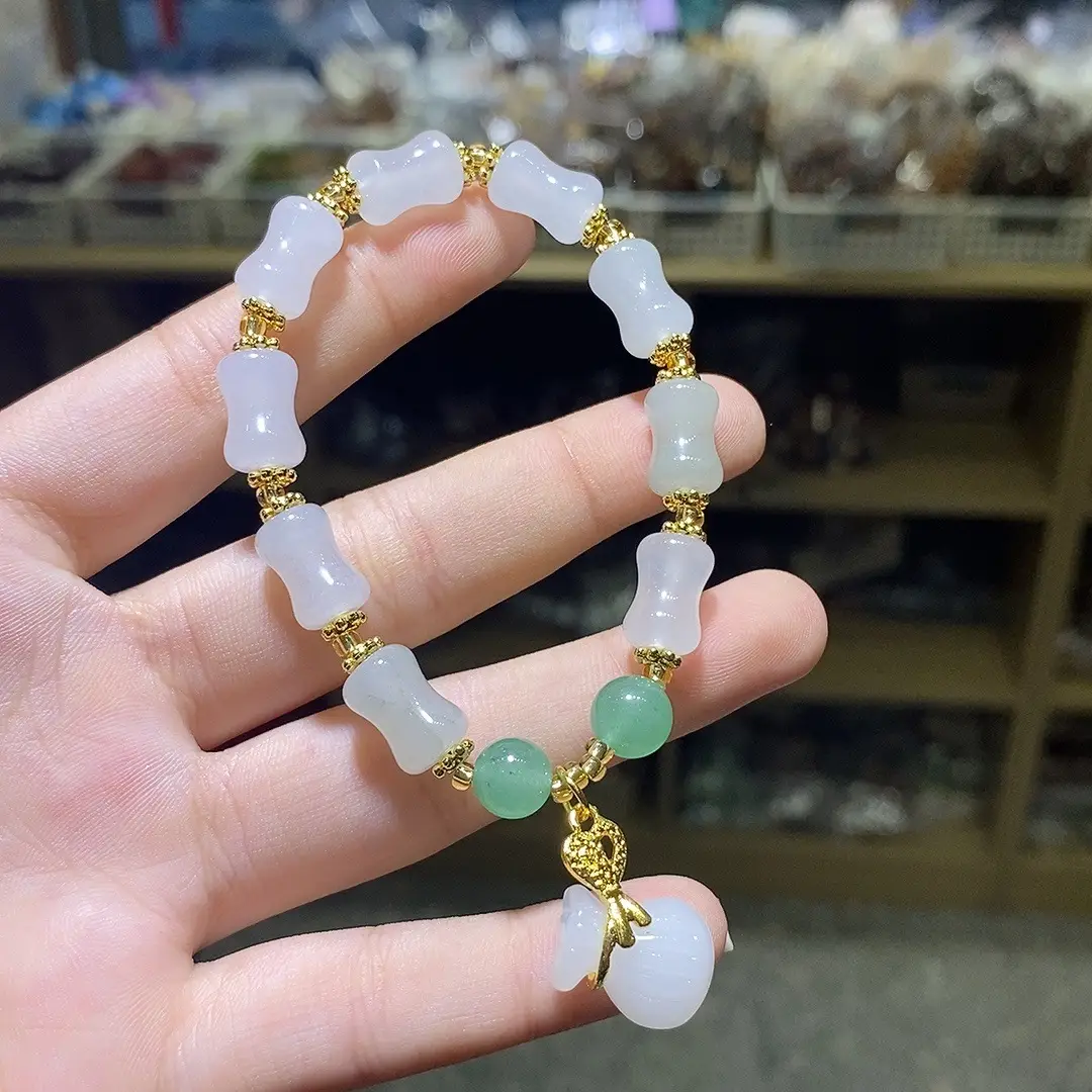 Tian San Green Bamboo Handstring Bracelet with Pearl Drop - Image 3