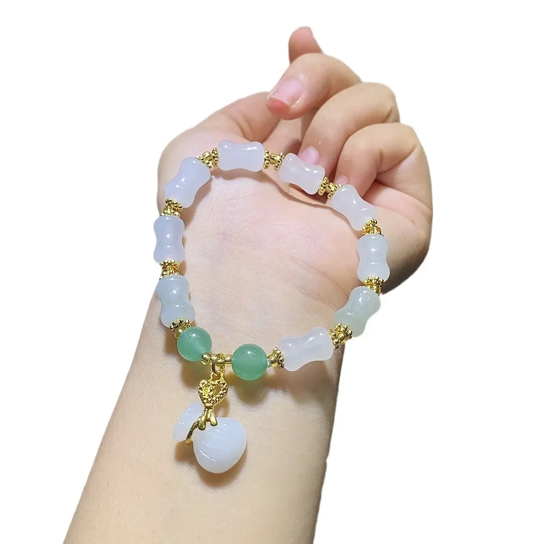 Tian San Green Bamboo Handstring Bracelet with Pearl Drop - Image 5