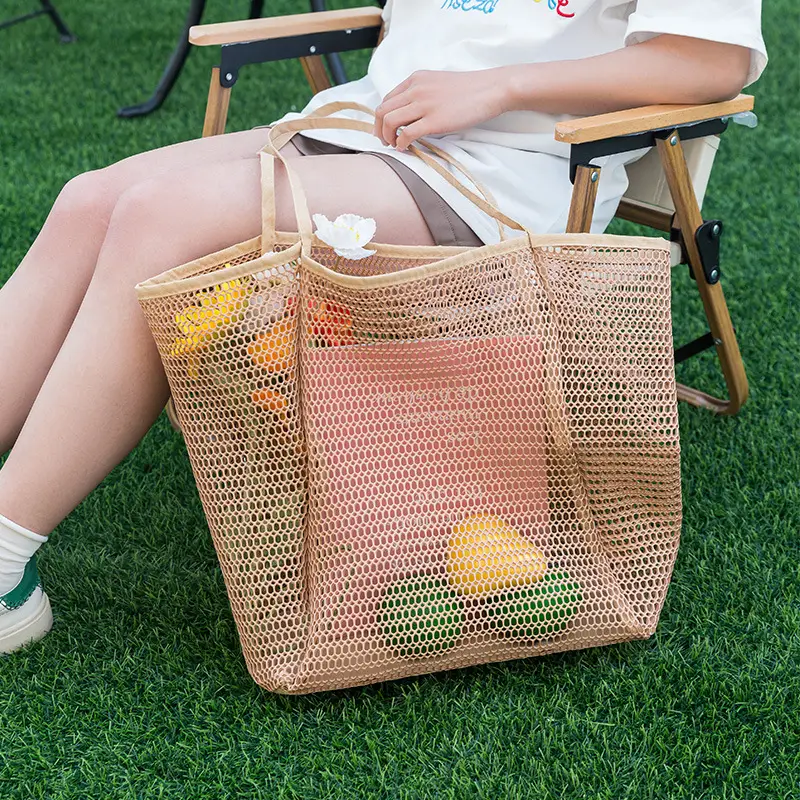 Blue Mesh Shoulder Bag for Women Portable Beach Storage
