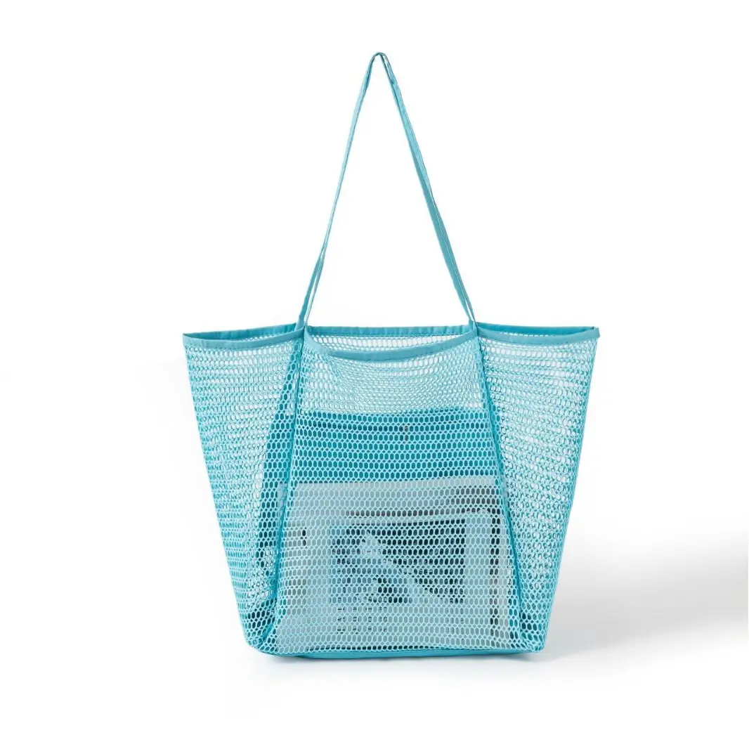 Blue Mesh Shoulder Bag for Women Portable Beach Storage