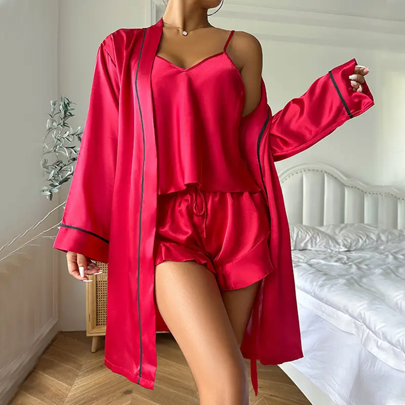 Cross-border ice silk pajamas women's suspender shorts nightgown three-piece summer comfortable outerwear homewear