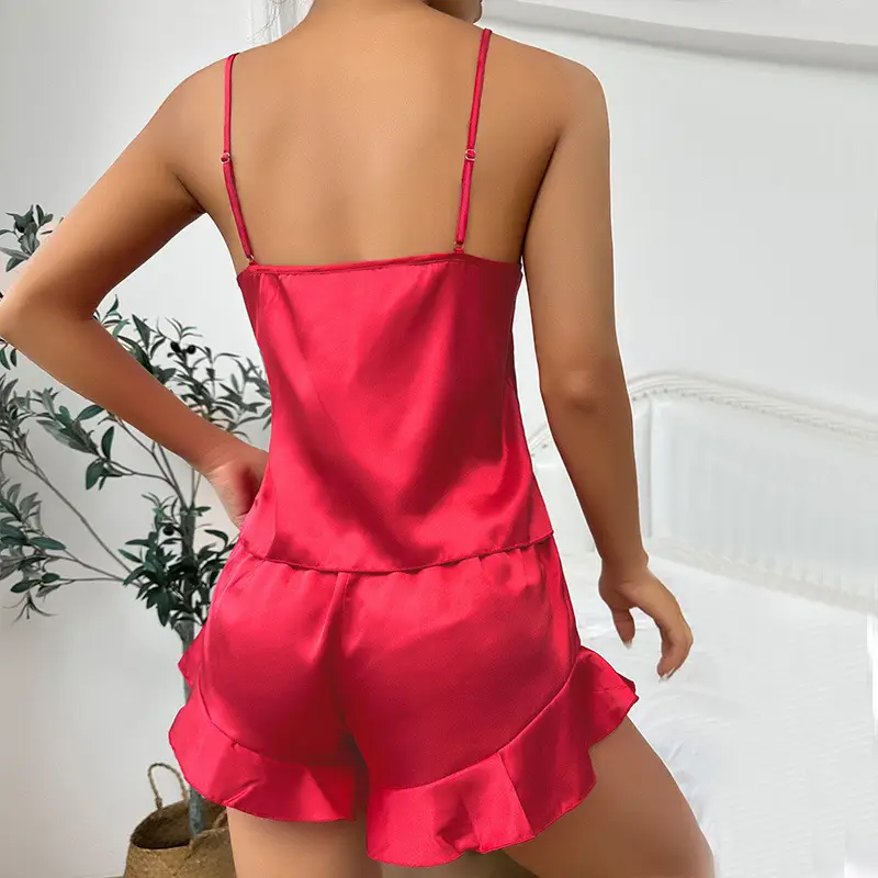 Cross-border ice silk pajamas women's suspender shorts nightgown three-piece summer comfortable outerwear homewear — feature 2