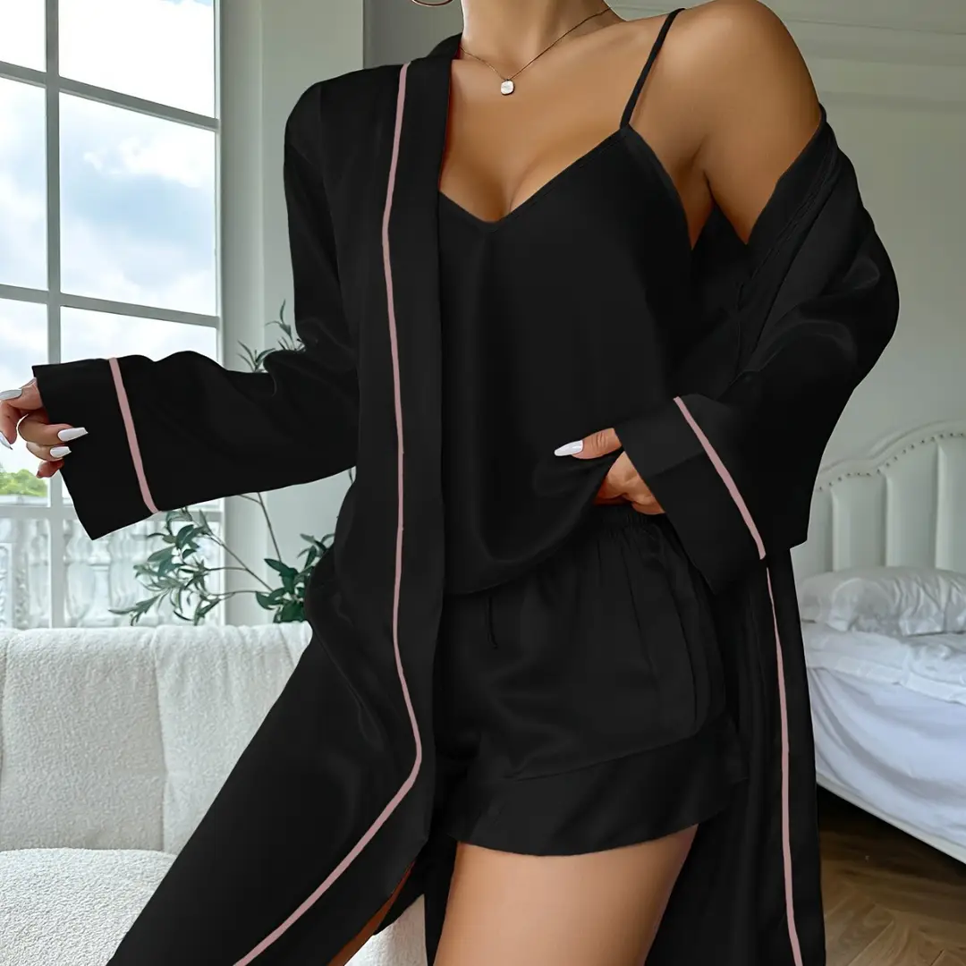 Cross-border ice silk pajamas women's suspender shorts nightgown three-piece summer comfortable outerwear homewear — feature 8