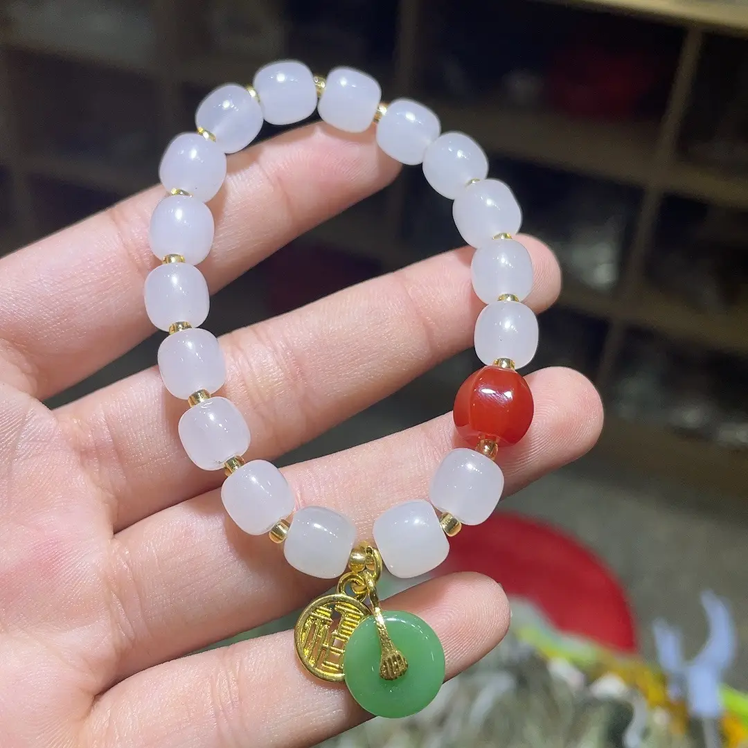 Jinseri Yufu Brand White Red Gemstone Bracelet with Pendant - Image 2