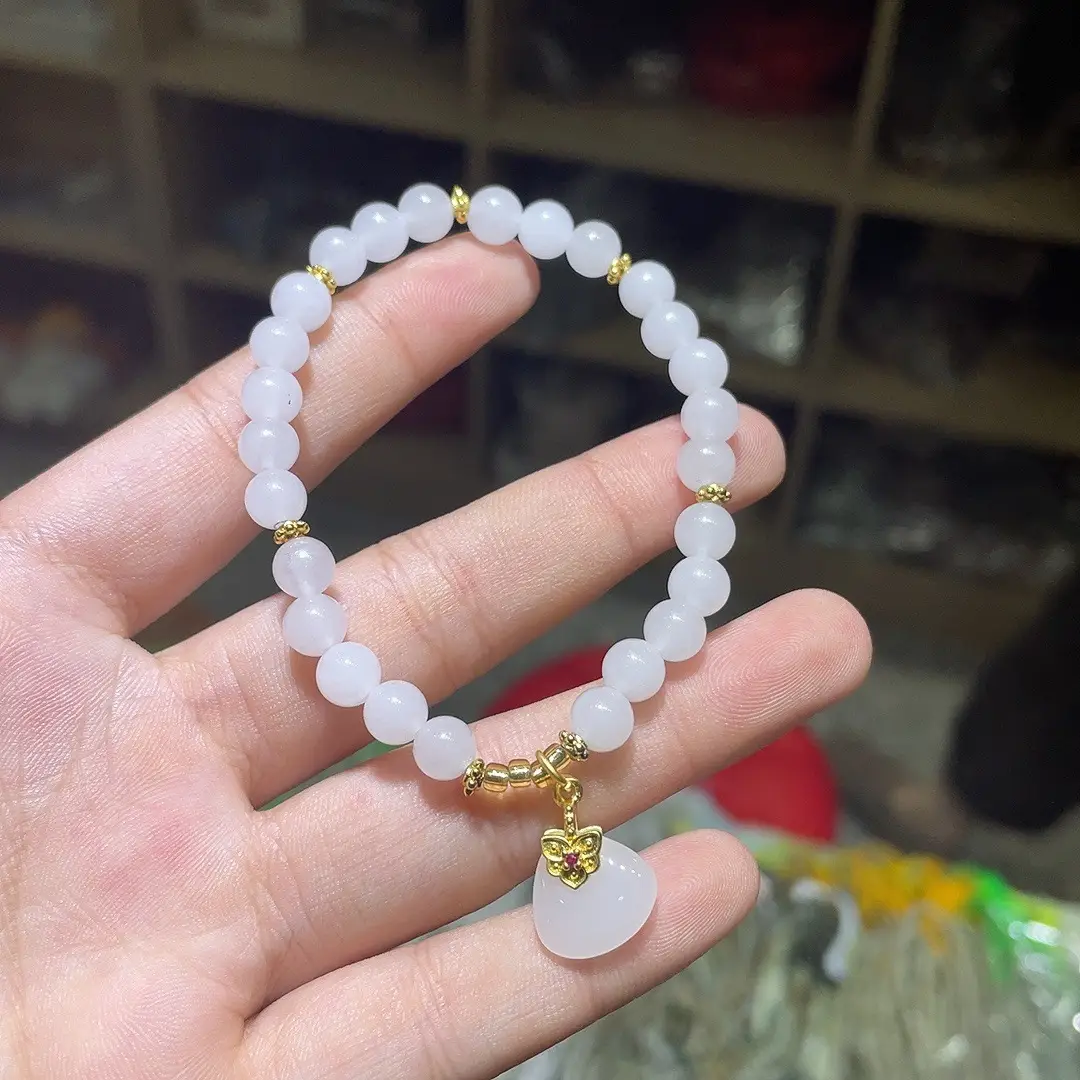 White Jade Bracelet with Gold Plated Pendant