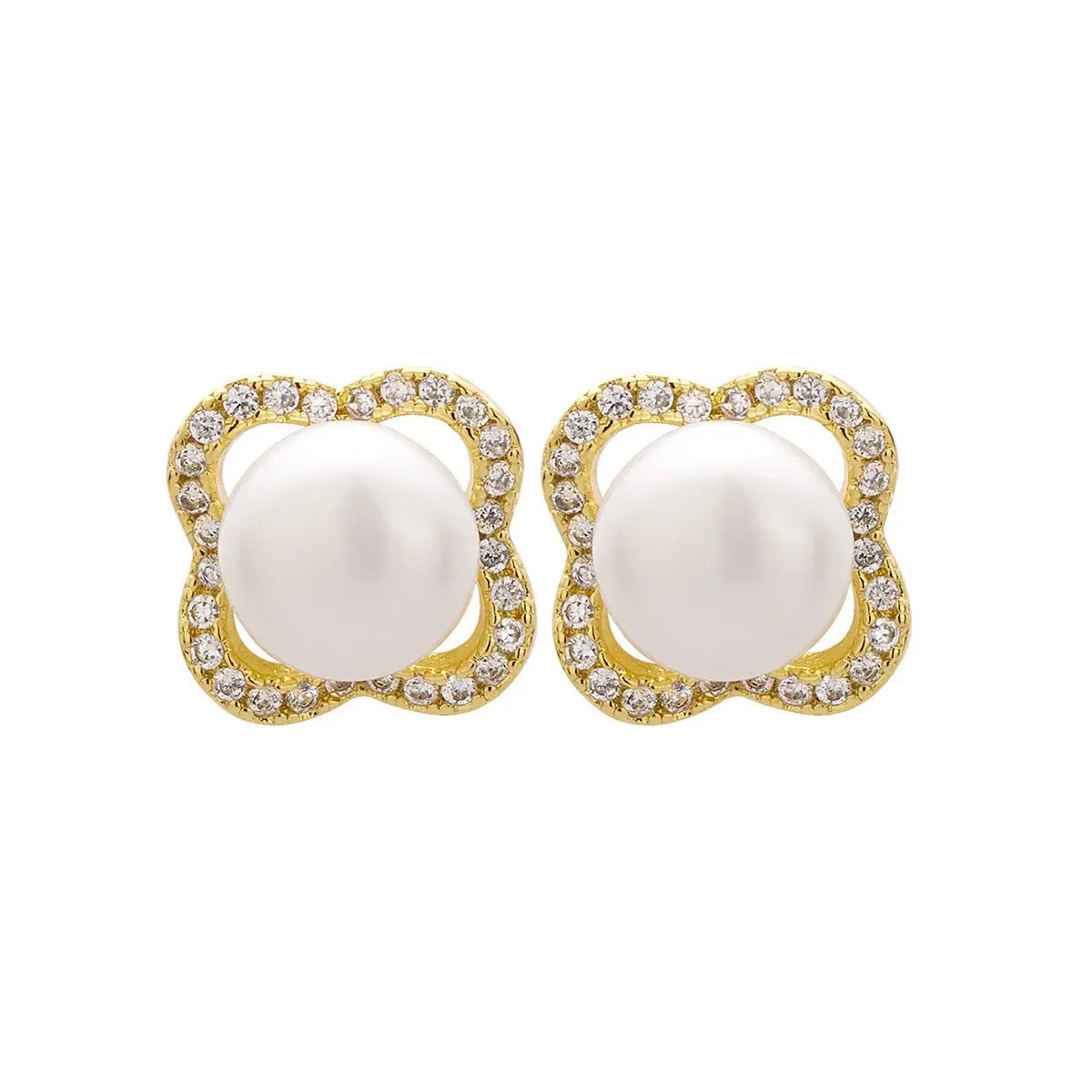 Classic Four-Leaf Clover Pearl Earrings with Full Diamonds - Image 9