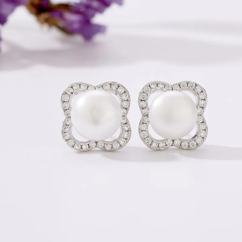 Classic Four-Leaf Clover Pearl Earrings with Full Diamonds - Image 3