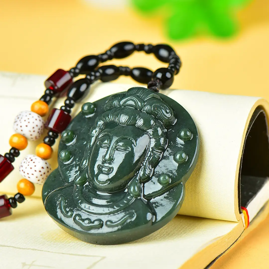Hetian Jade Guanyin Head Pendant Green - Image 3
